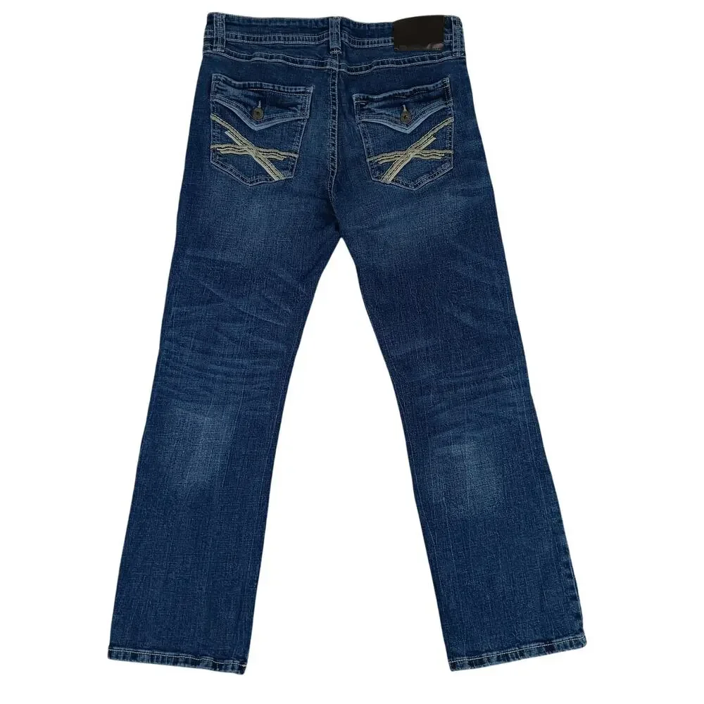 T.K. Axel Slim Boot Jeans Mens 34X31 Blue Embroidered Flaps Western Thick Stitch